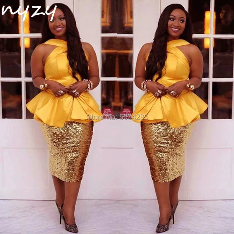 Атласные золотые коктейльные платья с лямкой на шее модель 2020 NYZY C73 короткое