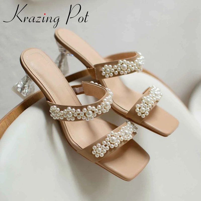 

Krazing pot genuine leather square toe high heels sling back crystal heel pearl beading beauty girls slip on women sandals L8f2