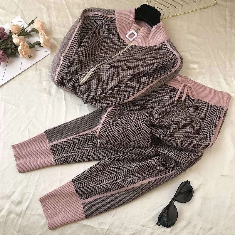 

Korean Elegant Plus Size Gym Suit Women Autumn Knit Ribbed Printed Tracksuit Elastic Knitted Long Sleeve Two Piece Sport Suit