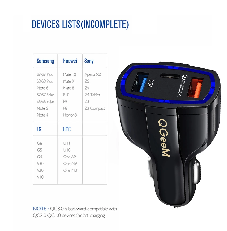 QGEEM QC 3,0 USB C автомобильное зарядное устройство с 3 портами Быстрая зарядка 3,0 быстрое зарядное устройство для автомобильного телефона зарядный адаптер для iPhone Xiaomi mi 9 Red mi