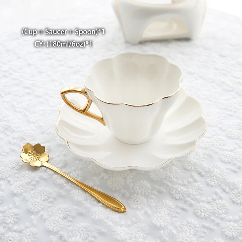 

BOUSSAC Flower Bone China Tea Cup Saucer Spoon Set 180ml Ceramic Teacup White Porcelain Coffee Cup Tea Set Cafe Espresso Cup