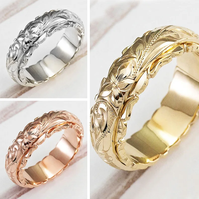 

Personality Simple Hand Engraved Flower Edge Ring Charm Women Gold Silve Rose Gold Color Ring Romantic Bride Wedding Jewelry