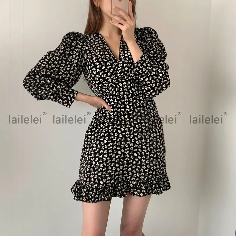 

flower v-neck spring dress South Korea chic early early spring flower v-neck dress