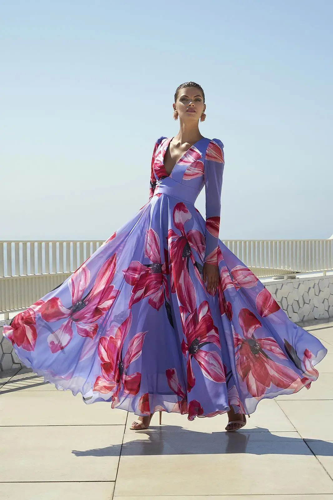 

2021 Long Dresses for Women Party Wedding Sexy Chiffon Printing V-Neck Full Autumn