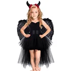 Костюм для косплея черного ангела, детское Сетчатое платье-пачка на лямках с длинным хвостом для девочек, костюм дьявола, косплей-наряды с крыльями