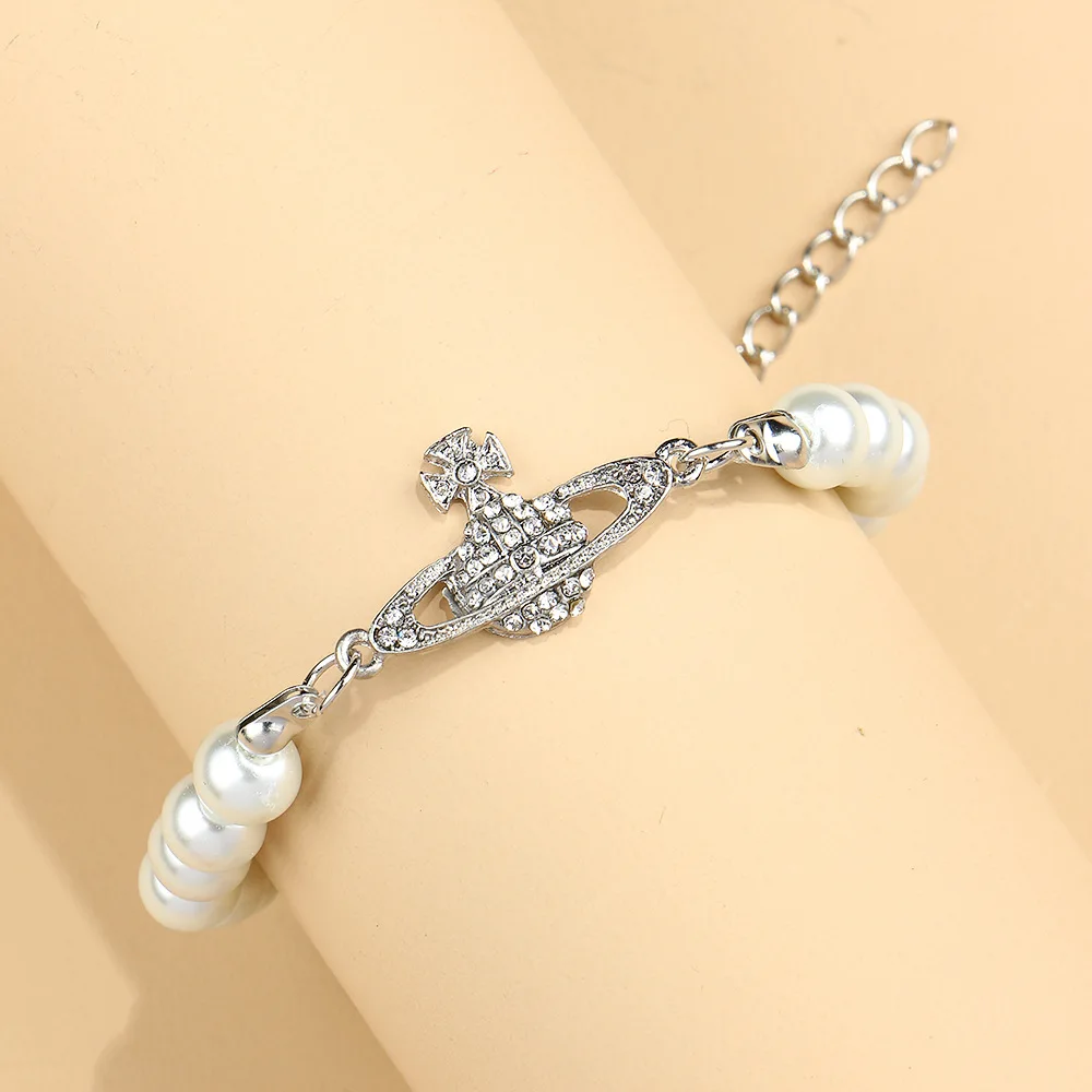 

Pearl Crystal Saturn Pendant Necklaces for Women Korean Fashion Beaded Choker Necklaces Bracelet Set Party Holiday Daily Jewelry