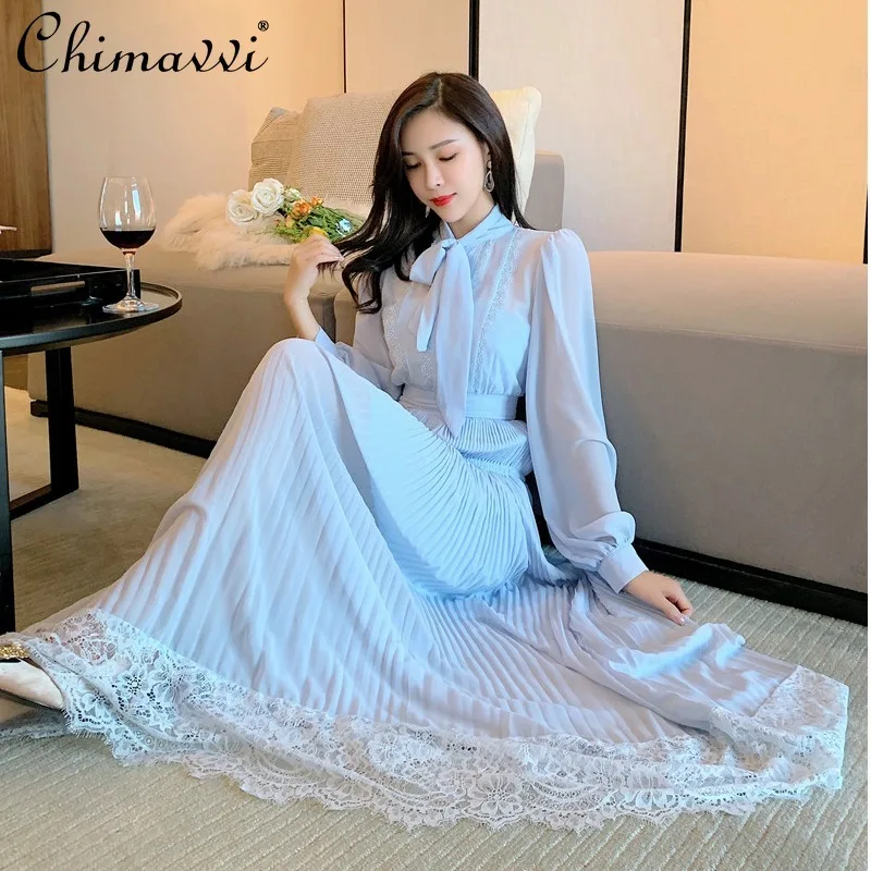 

Elegant Maxi Dress Women 2021 Spring New Bow Full Sleeve Slimming Lace Chiffon Stitching Dress Simple Office Lady Pleated Dress