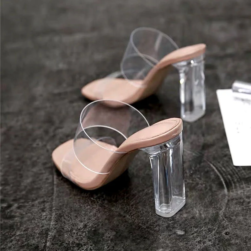 

Net Red Half Slippers Women's 2021 New Summer Super Fire Crystal Transparent High Heel Sandal Shoes Thick Wear Fashion Slippers