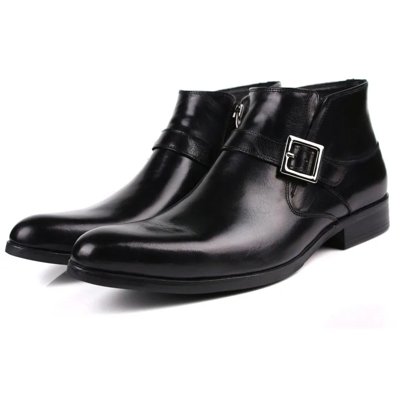 

New Pointed Toe Slip-On Ankle Boots Men Hombre Genuine Leather Men Motorcycle Boots For Men Work High Top Men Shoes