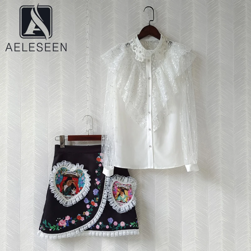 

AELESEEN 2021 Designer Fashion Summer Skirts Set Women White Ruffless Shirt +Black Beading Flower Print Skirt Two Peices Set