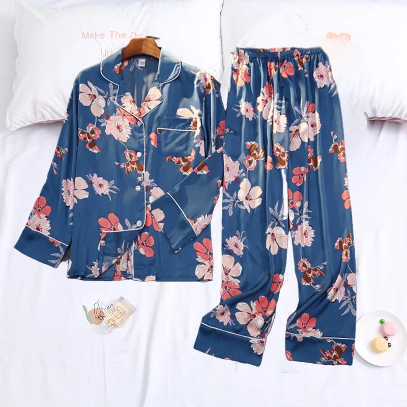 Ice Silk Pajamas Women Sleepwear Suits Spring Summer Long Sleeve Trousers Suit Printing Fashion Pyjamas Set Femme Home Clothing