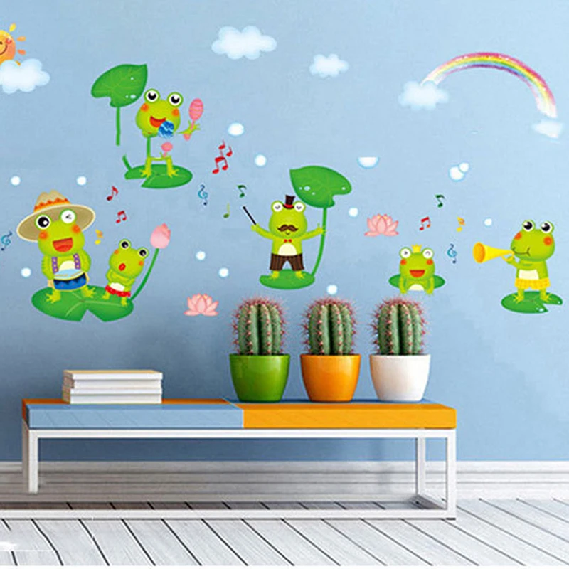 Cartoon Happy Frog Wall Sticker For Kids Room Children's Bedroom Home Decoration Mural Animals Nursery Stickers Wallpaper | Дом и сад