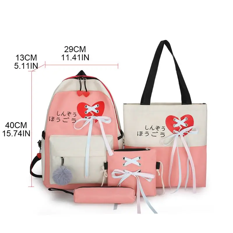 

4pcs Canvas Daypacks Ribbon Casual Daypack School Backpack Shoulder Bags Bookbag Pencil Case Set