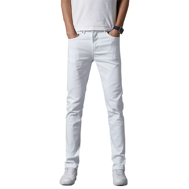 

2021 Men's Autumn Pure White Jeans Youth Ripped Ankle-Tied Pants Slim Slimming Stretch Casual Pants