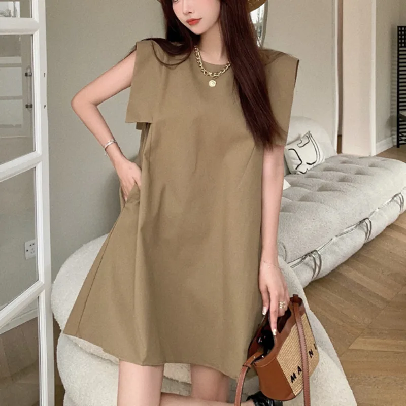 

Summer Casual Trend Women New Solid Color O Neck Loose Fashion Black Sleeveless Knee-length Dress 2021 Dresses for Women