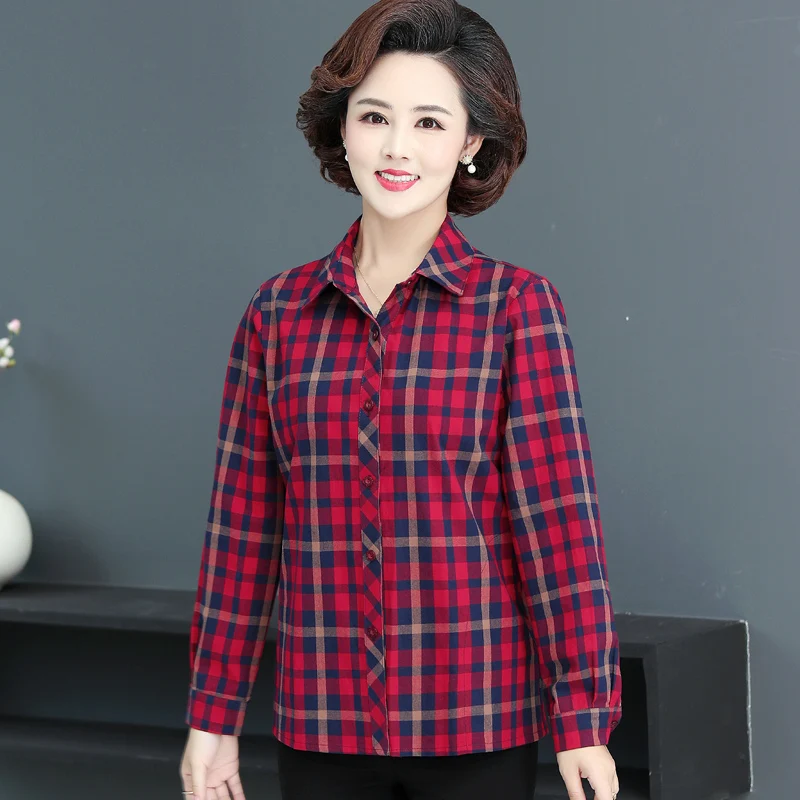 Женская клетчатая хлопковая рубашка среднего возраста красный фиолетовый топ в