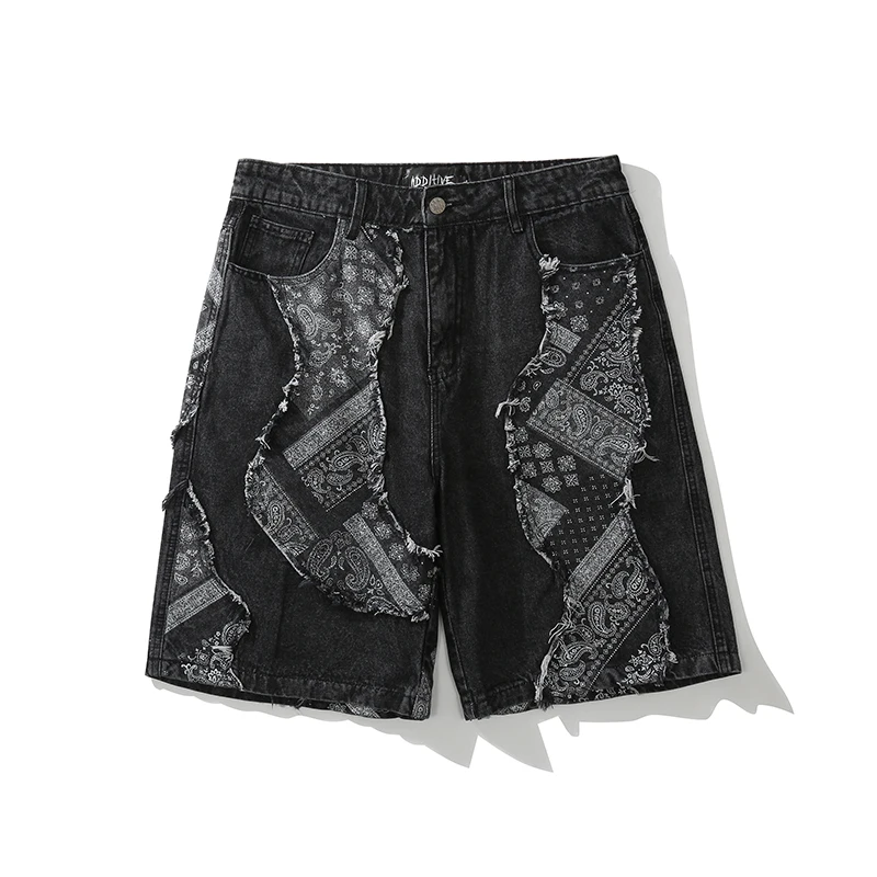 

Cashew Print Ripped Jeans Shorts for Men High Street Spliced Retro Oversize Summer Denim Short Harajuku Loose Knee Lenght Pants