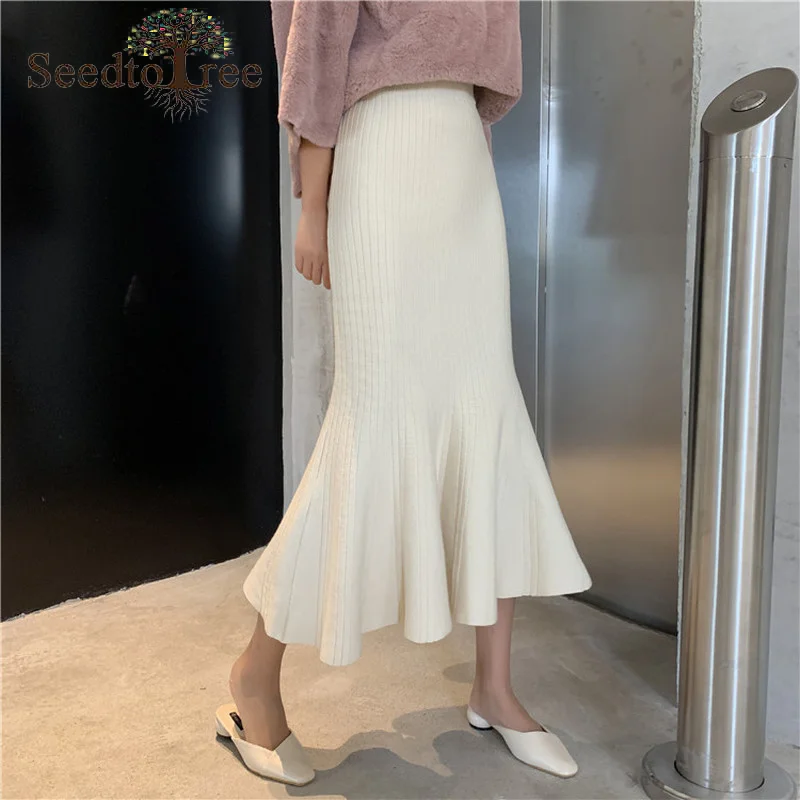 

Autumn and Winter Solid Color Elegant Mermaid Skirt Elastic Waist Knitted Skirt