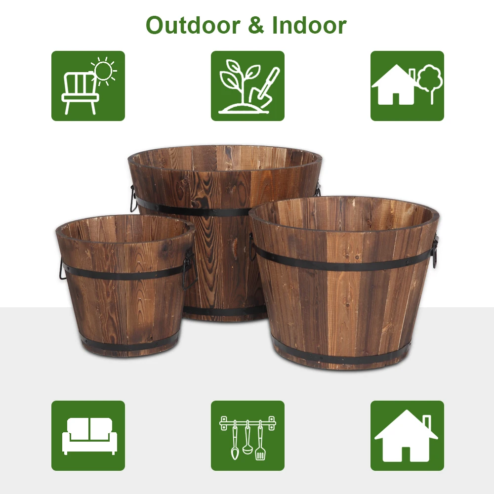3Pcs/Set Retro Wood Bucket Barrel Rustic Whiskey Flower Garden Planters Pot with Handle for Home Garden Outdoor Decoration