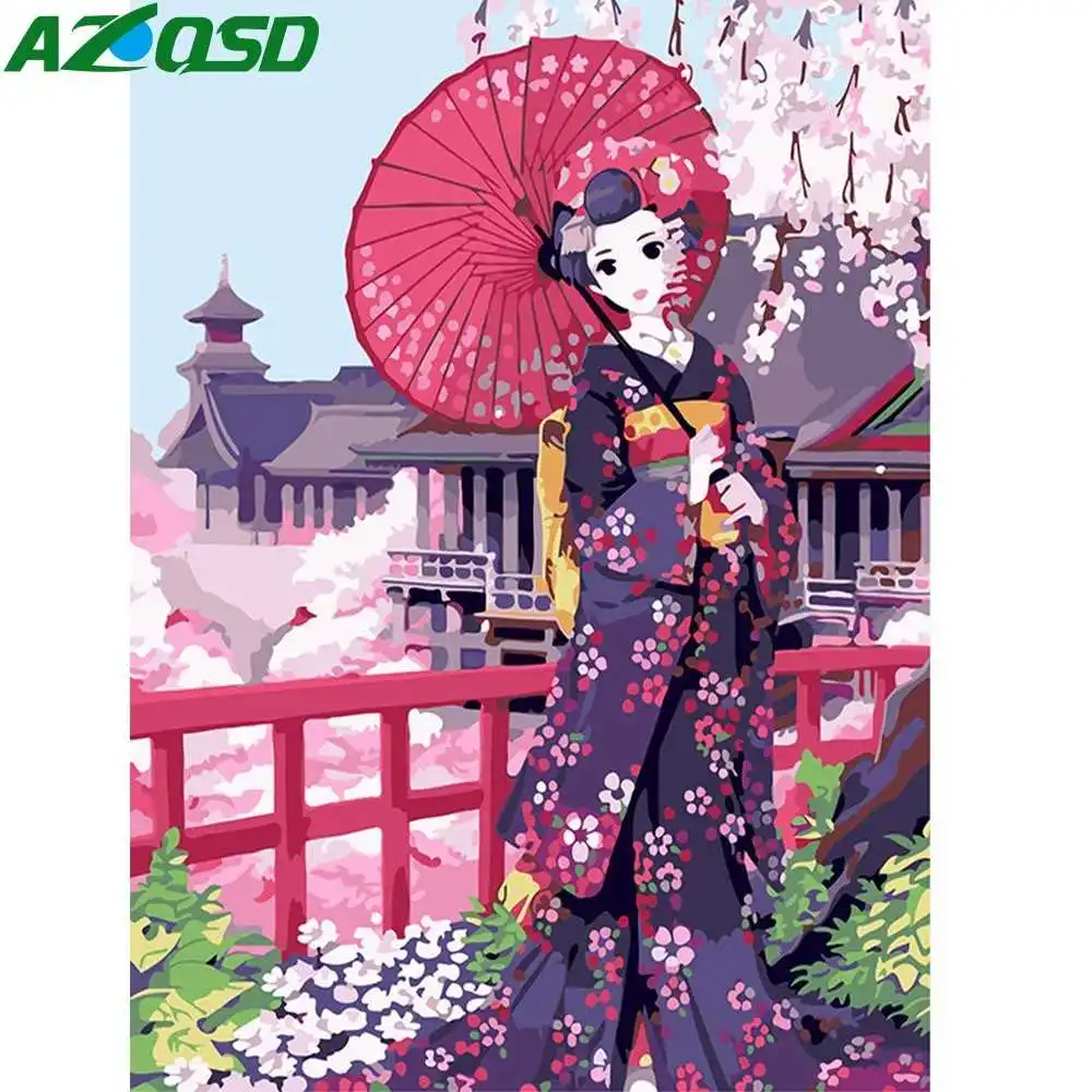 

AZQSD Painting By Numbers Paint Kimono Girl DIY Canvas Picture Hand Painted Cherry Blossoms Oil Painting Home Decoration K446
