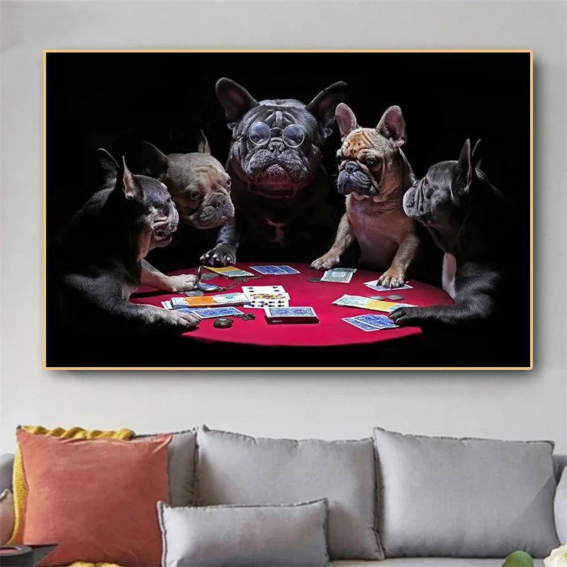 

Funny Animal Art Posters and Prints French Bulldogs Playing Cards Canvas Painting Cute Dog Wall Pcitures Living Room Home Decor