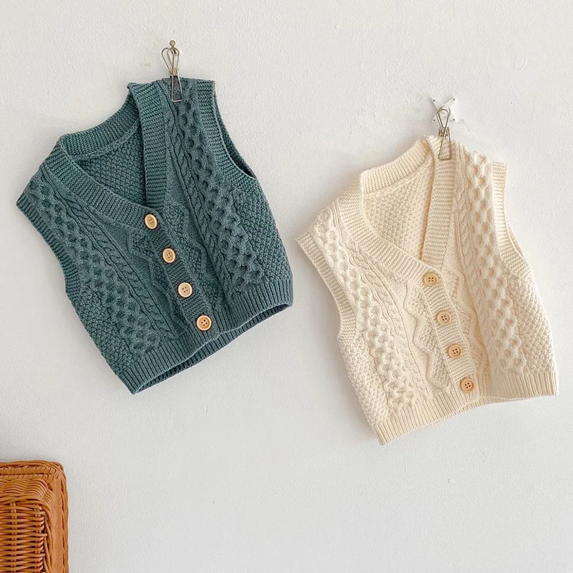 

Vintage Baby Boys Vest Autumn Winter Kids Cotton Knit V-neck Waistcoat for Girls Clothing Toddler Baby Sweater Children Coat 0-2