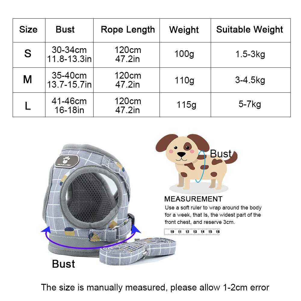 

Dog Harness Leash Set Adjustable Breathable Dogs Cat Harnesses Vest Puppy Chest Strap For Small Medium Dog