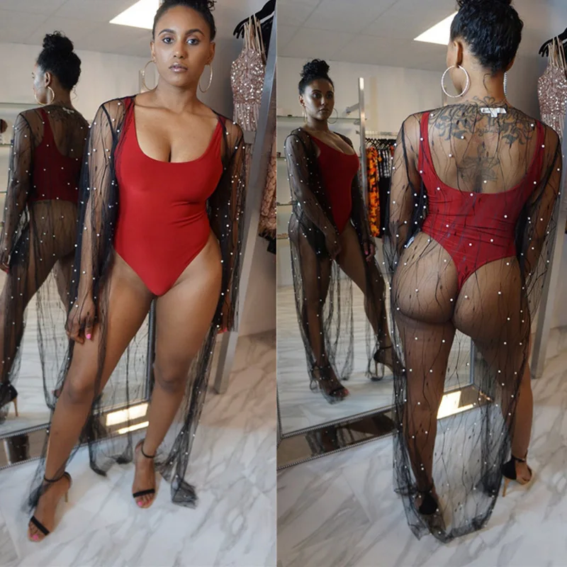 Женский черный купальник с сеткой летний длинный кардиган бусинами сексуальный