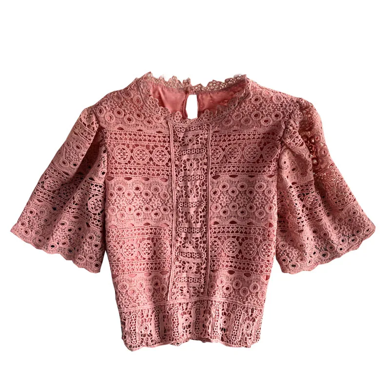 

Summer 2021 French Retro Blouse Female Puff Sleeve Lace Hollow Crochet Blusa Small Stand-up Collar Fashion Shirt For Women
