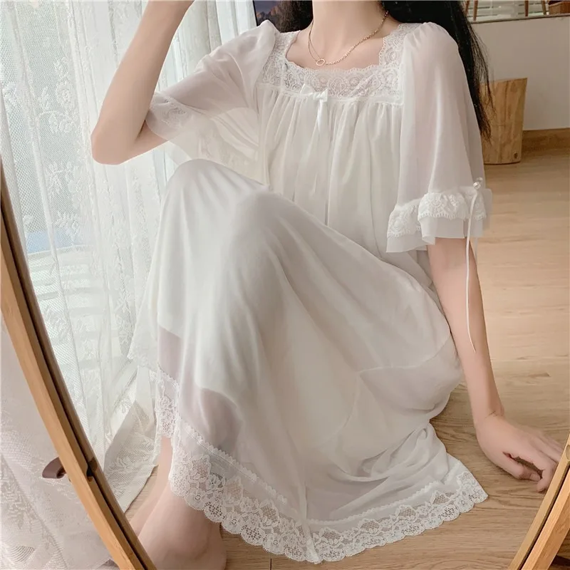 

Harajpee Nightgowns French Elegant Sweet Lace Patchwork Short Sleeve Sleepdress Women 2021 Summer New Long-sleeved Home Wear