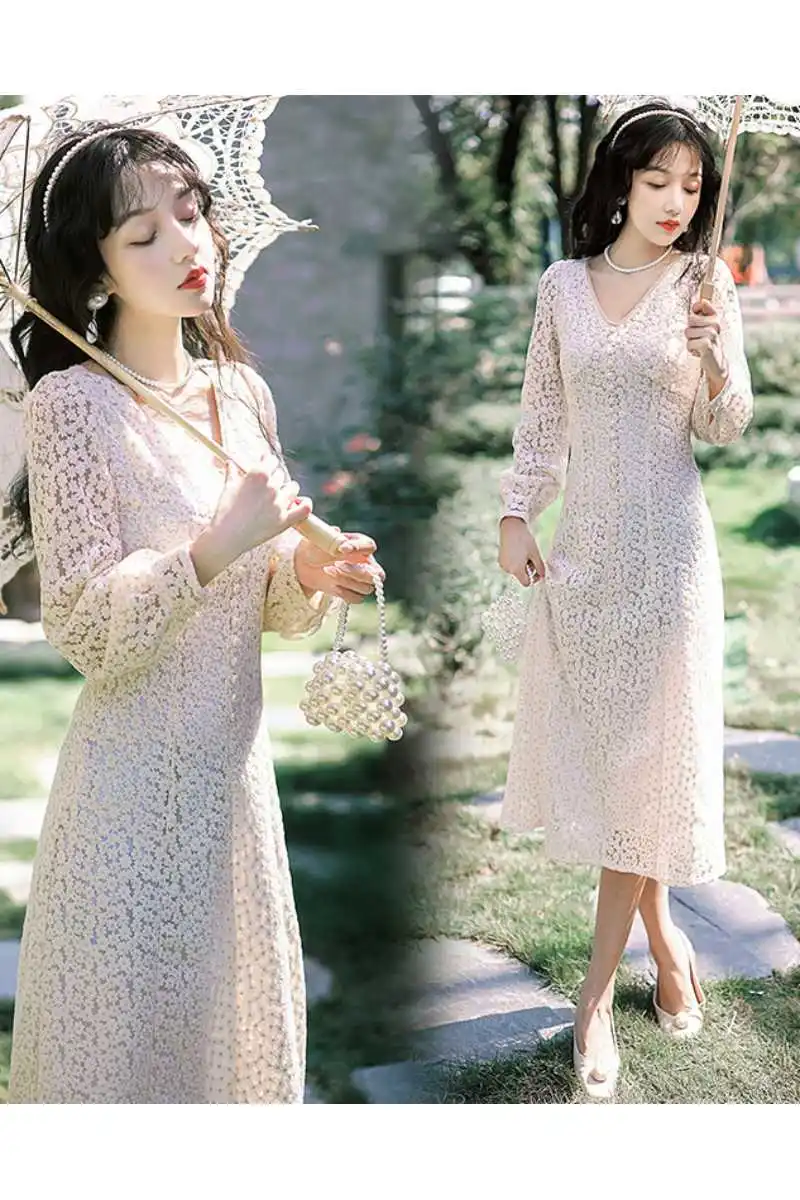 

Solid Apricot Spring Boho A-Line Elegant 2021 Luxury High Waist Vintage Party Midi Dress Dresses Women Autumn Long Sleeve Runway