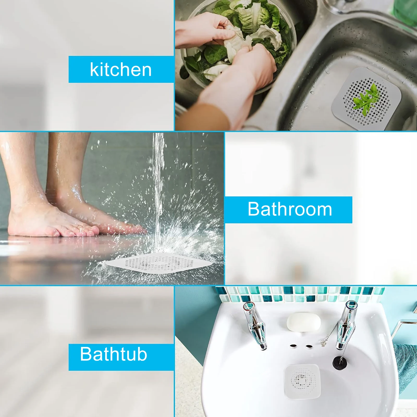 

2Pcs Multifunction Silicone Suction Drain Hair Catcher Shower Cleaning Square Hair Drain Covers Stopper For Bathroom and Kitchen