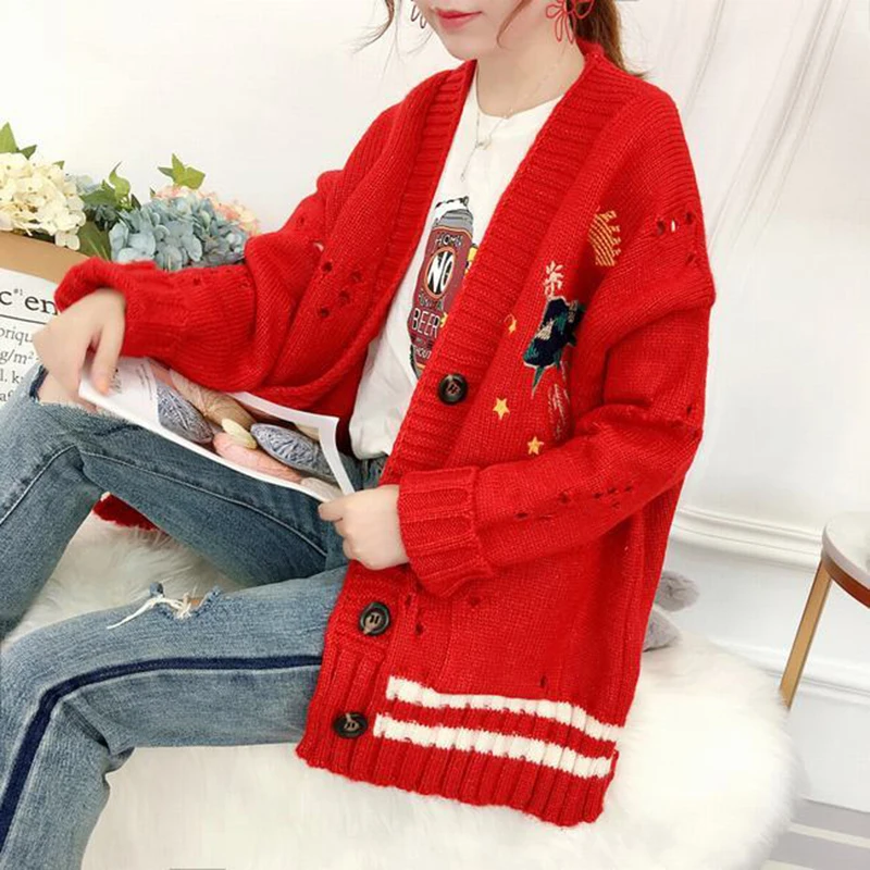 

2020 Female Harajuku Loose V Neck Knit Sweater Coat Winter Women Sweater Cardigans Cartoon Embroidery Oversize Cardigans Jacket