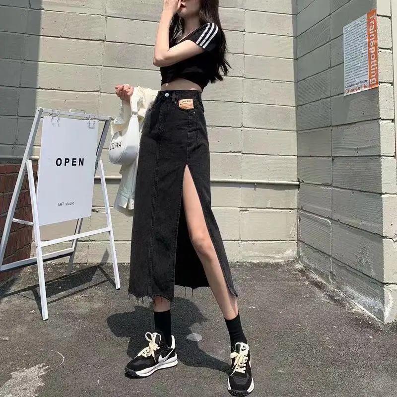 

2021 Summer New Office Lady Denim Skirt Women Denim Skirt Casual Sexy High Waist Solid Color Slit Midi Female Skirt