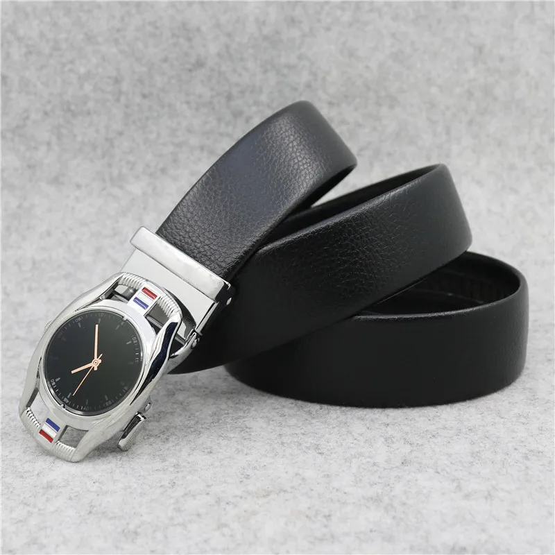 

Men's Automatic Sliding Belt Watch Waist Band Fashion Youth Genuine Leather Ratchet Black Belt with Buckle Size110cm 120cm