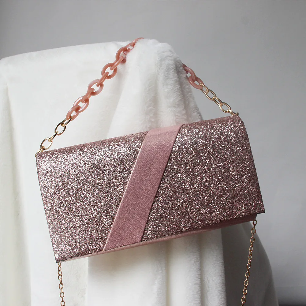 New Fashion Purse Women Messenger Bag Solid Luxury Pink PU Leather Evening Bag Glitter Handbag Party Trendy Casual Day Clutch