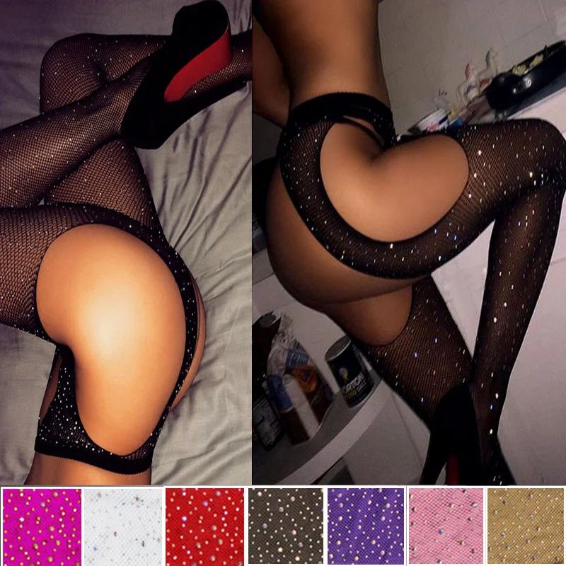 Пикантные блестящие женские колготки с кольцом Открытые бриллиантами имитация