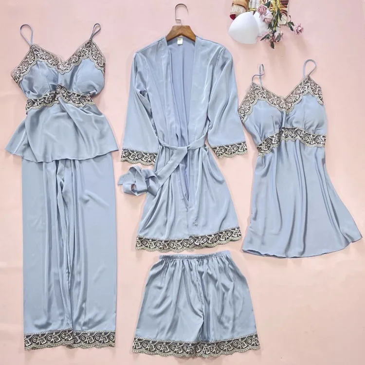

Lace Satin Patchwork Women 5PCS Pajamas Suit Spring Autumn New Sleepwear SEXY Casual Sleep Set Intimate Lingerie Nightwear