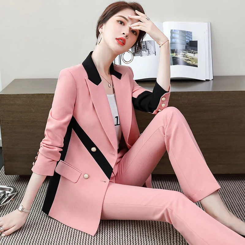 Lenshin High Street Fashion Style 2 Piece Set for Women Contrast Pant Suit Business Office Lady Work Wear Blazer and Trouser | Женская