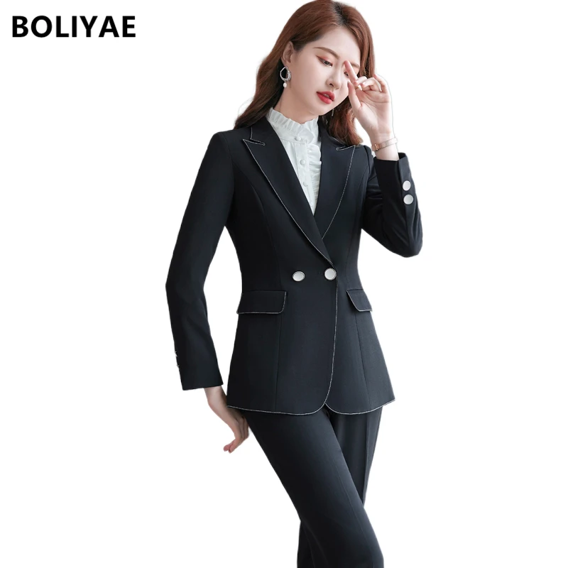 Boliyae Autumn Winter New Long Sleeve Women's Blazers and Pants 2 Piece Suits Elegant Fashion Business Coat Formal Office Jacket
