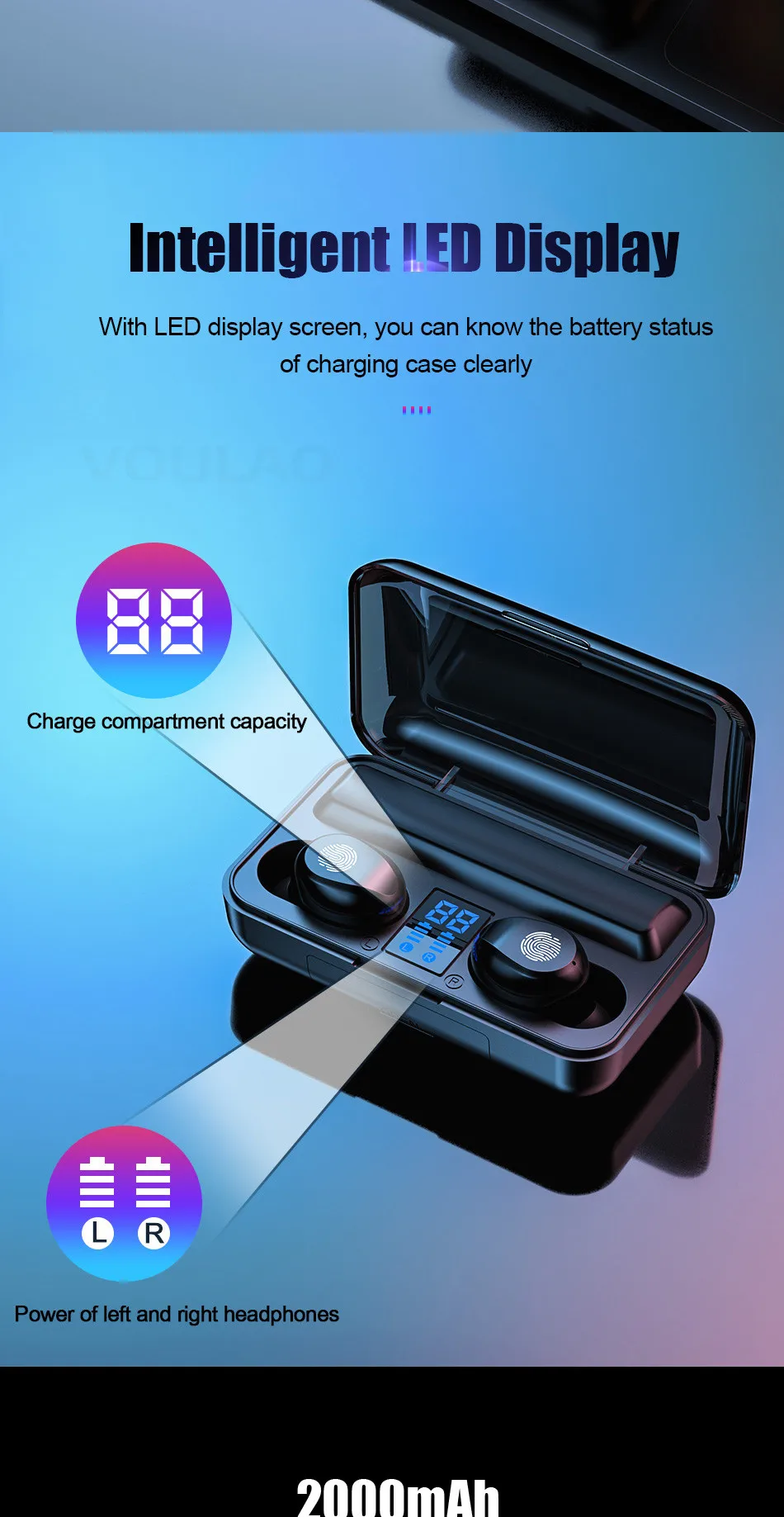 VOULAO, Bluetooth 5,0, наушники, 8D, стерео, беспроводные наушники, спортивные, водонепроницаемые, свободные руки, наушники, гарнитура с 2000 мАч, внешний аккумулятор
