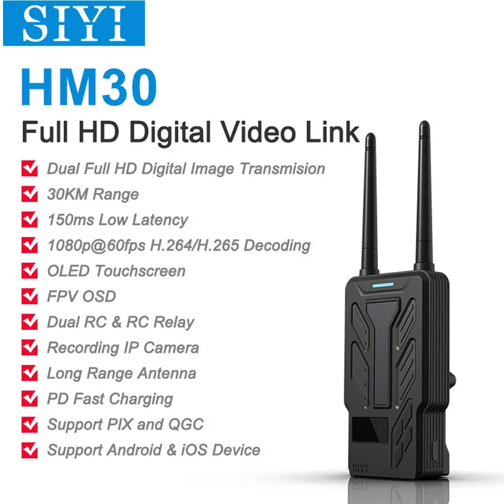 

Цифровая Видеосистема SIYI HM30, Full HD, передатчик, дистанционное управление, сенсорный OLED-экран, 1080p, 60 кадров в секунду, 150 мс, FPV, OSD, 30 км