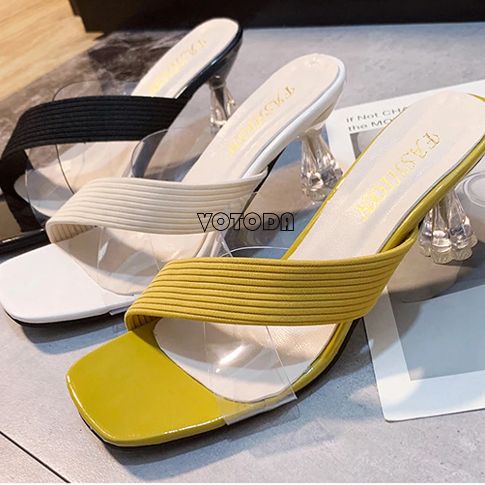 

Fashion Cross Transparent Belt PVC Slides Summer Women Crystal Heel Slippers Sexy Square Open Toed Sandals Outdoor Jelly Shoes