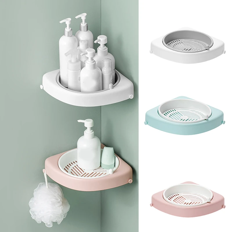 

Hot Sale Rotating Bathroom Rack Wall Hanging Punch Free Vanity Toiletries Storage Hair Dryer Rack Corner Shelf Bathroom Shelves