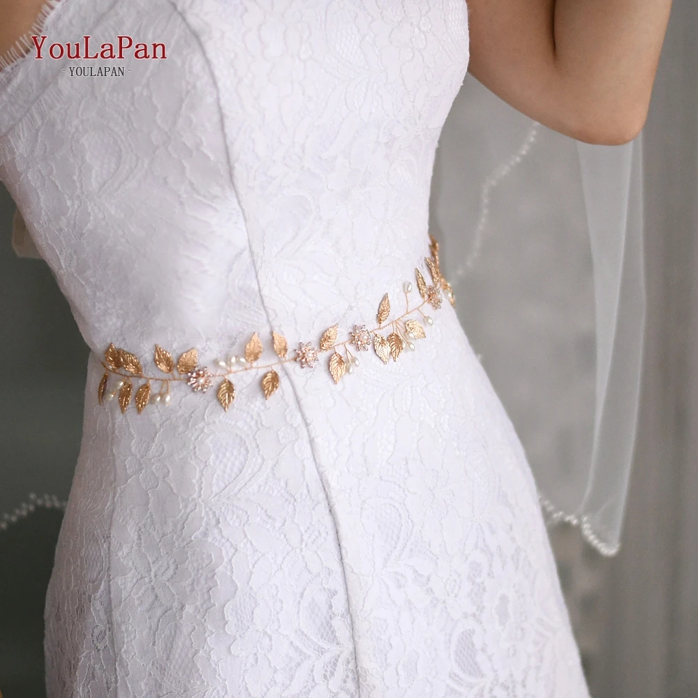 

TOPQUEEN SH110 Bridal Belts with Pearls and Gold Leaves Wedding Sash Belt for The Bride Wedding Accessories Belts on The Dress