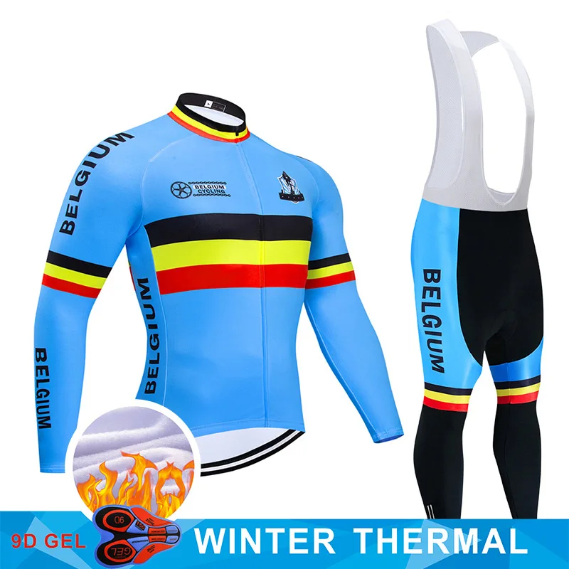 Красный Team BELGIUM Велоспорт Джерси 9D Bib набор MTB Униформа Мужская одежда для велосепидистов Зимняя Термальная флисовая велосипедная Одежда для велоспорта - Цвет: Красный