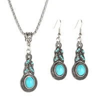 vintage tibetan silver water drop necklace earrings sets for women boho blue stone choker necklace party indian jewelry sets