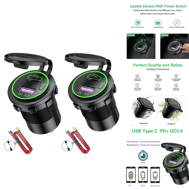 

PD Type C USB Car Charger and QC 3.0 Quick Charger Power Outlet Socket with ON/Off Switch for Motorcycle Boat RV