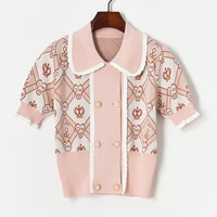 summer autumn women sweaters clothing double breasted short sleeve knitted warm sweater pink elegant jumper print sweet sweater