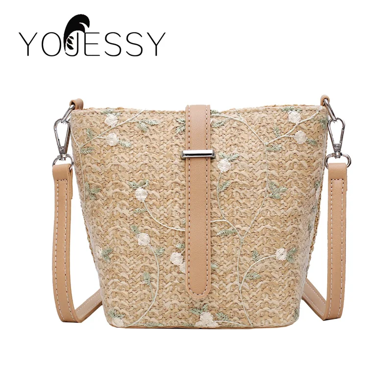 

YOJESSY Straw Beach Bag Lace Embroider women bucket bag messenger bag fashion shoulder Crossbody bag ladies
